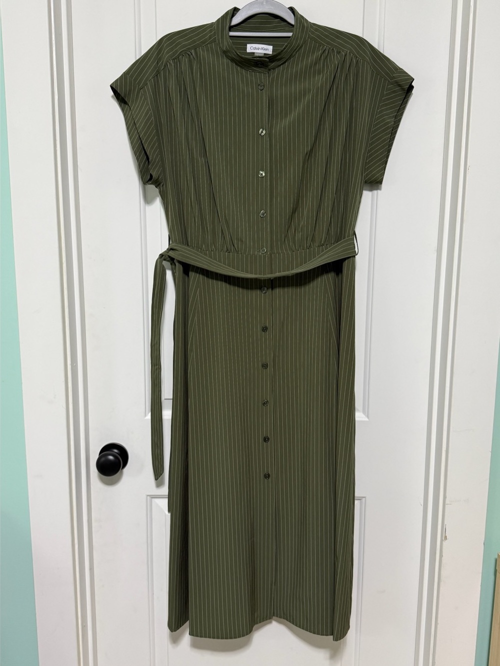 Calvin Klein Olive Pinstripe Shirt Midi Dress with Self-Tie Waist